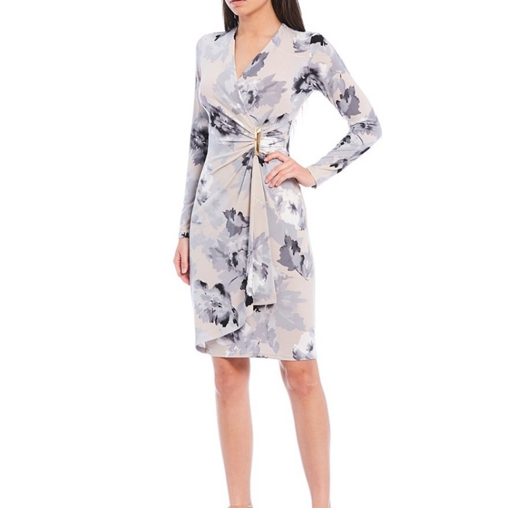 Calvin Klein-Floral Faux Wrap Long Sleeve Dress